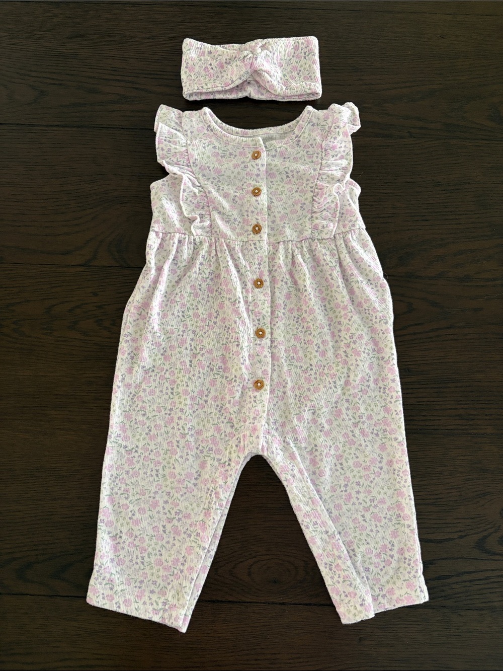 Baby Pink Floral Ruffle Romper with Headband (9M)